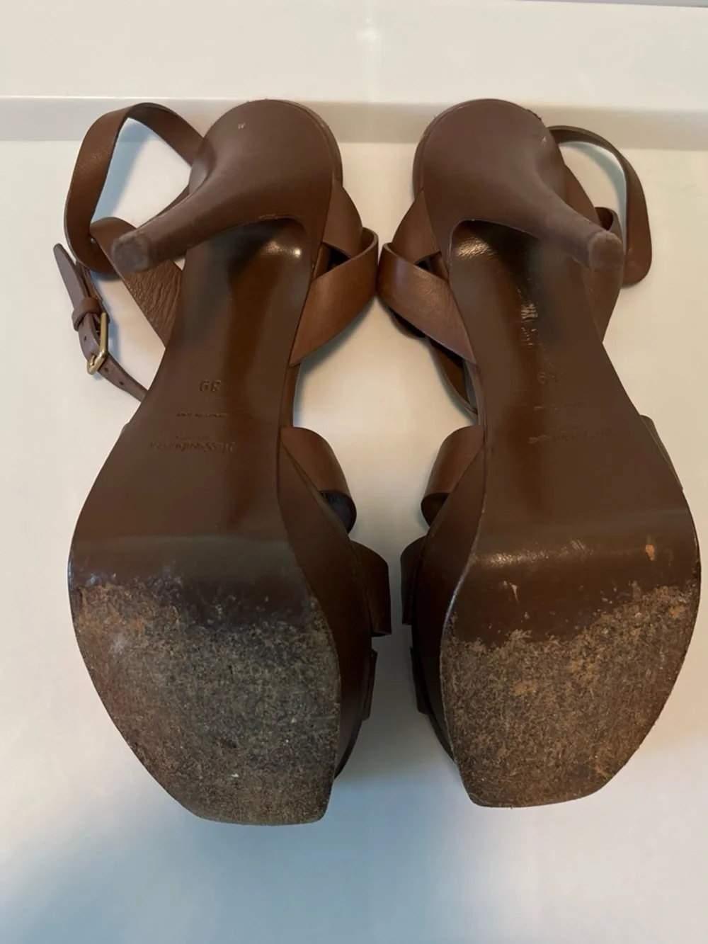 Vintage Y2K Yves Saint Laurent Brown Leather Knot-Strap Heeled Sandals